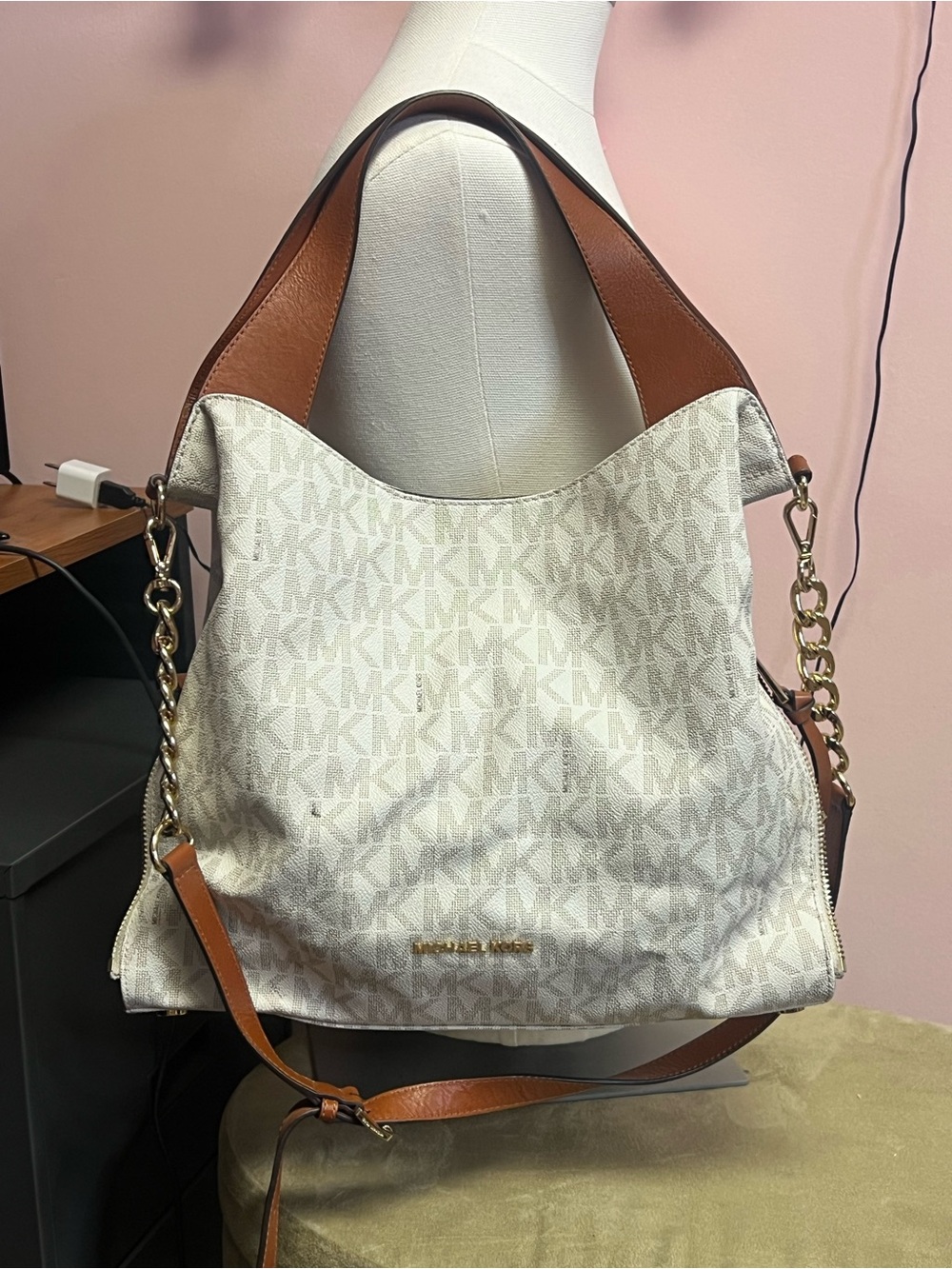 Michael Kors Cream and Brown MK Logo Shoulder Bag